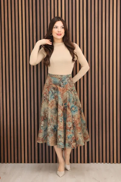 Baskılı ve Payetli Kadife Kloş Etek 6070-Taba/Çok Renkli