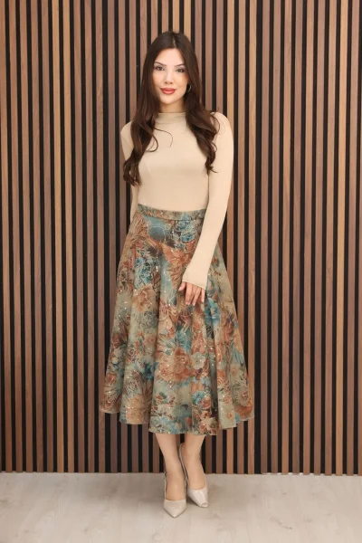 Baskılı ve Payetli Kadife Kloş Etek 6070-Taba/Çok Renkli