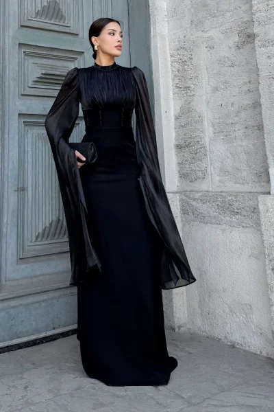 Bel Boncuk İşleme Detaylı Beden Ayarlı Abiye Elbise 2325-Siyah