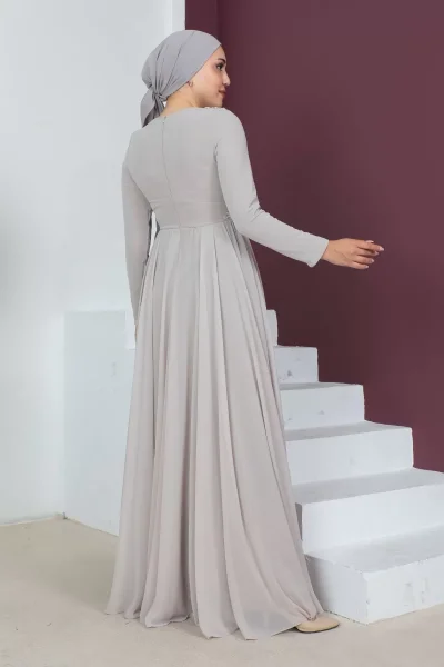Bel Detaylı Tesettür Abiye Elbise 716-Bej