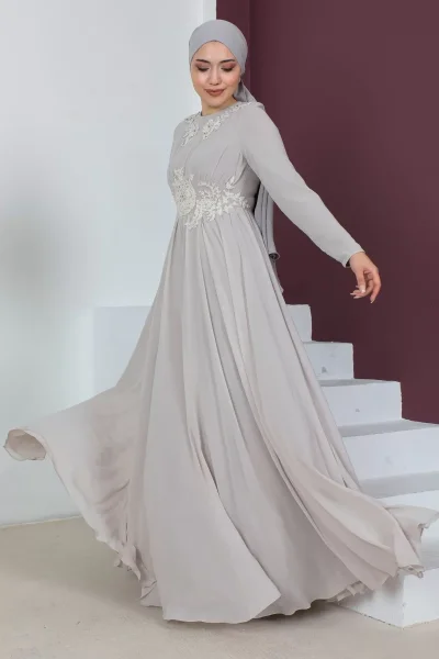 Bel Detaylı Tesettür Abiye Elbise 716-Bej