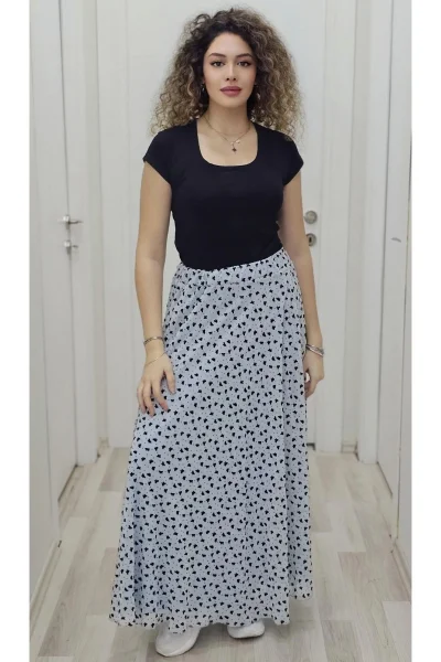 Bel Lastikli Flok Baskılı Kloş Şifon Etek 6003-Siyah/Mavi