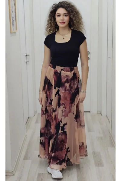 Bel Lastikli Kloş Desenli Şifon Etek 6003-Kahverengi