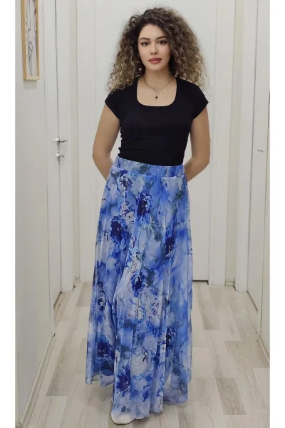 Bel Lastikli Kloş Desenli Şifon Etek 6003-Koyu Mavi