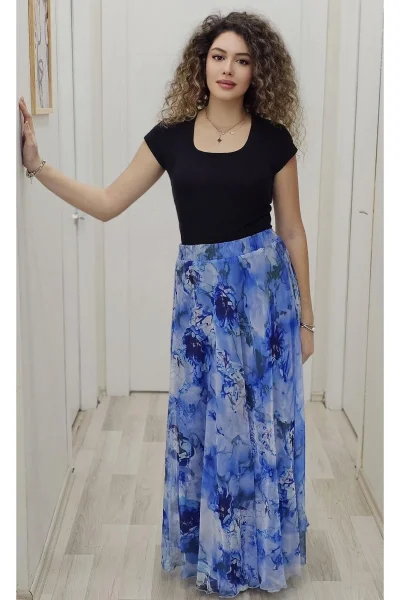 Bel Lastikli Kloş Desenli Şifon Etek 6003-Koyu Mavi