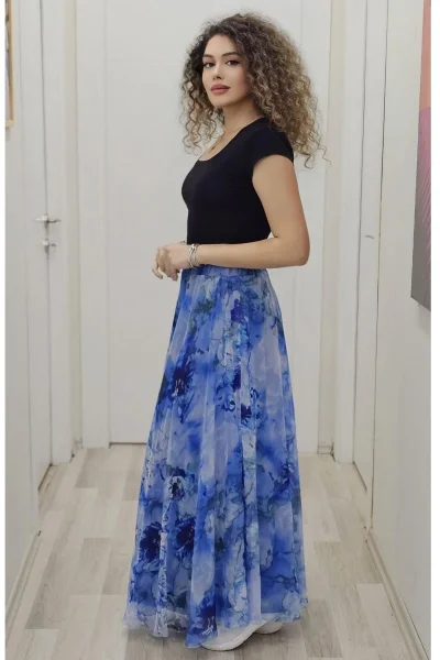 Bel Lastikli Kloş Desenli Şifon Etek 6003-Koyu Mavi