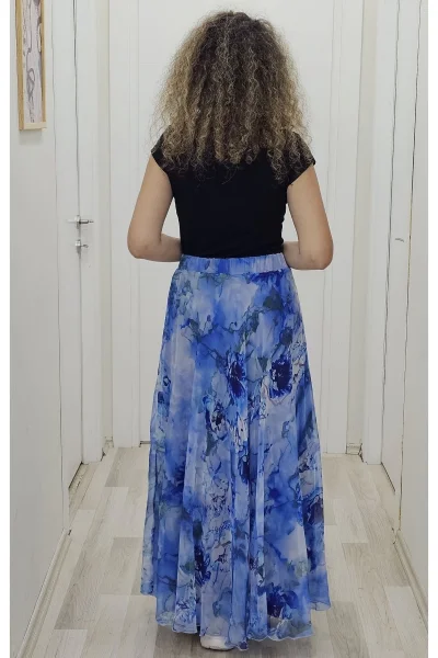 Bel Lastikli Kloş Desenli Şifon Etek 6003-Koyu Mavi
