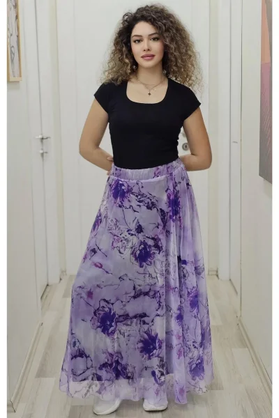 Bel Lastikli Kloş Desenli Şifon Etek 6003-Mor
