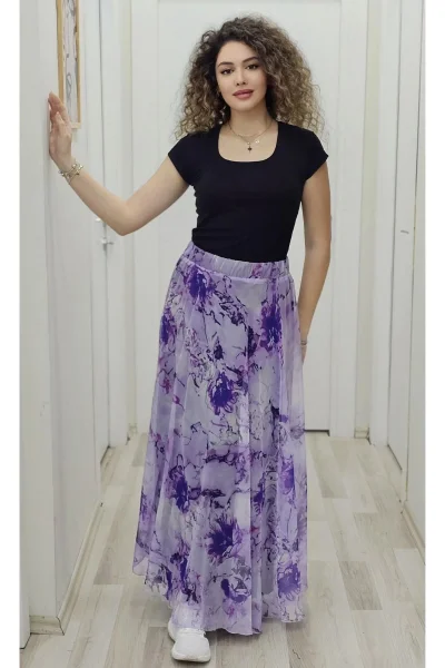 Bel Lastikli Kloş Desenli Şifon Etek 6003-Mor