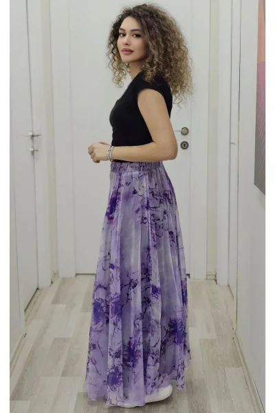 Bel Lastikli Kloş Desenli Şifon Etek 6003-Mor