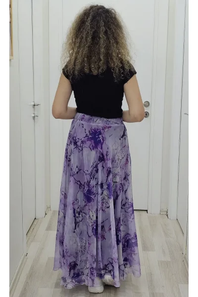 Bel Lastikli Kloş Desenli Şifon Etek 6003-Mor