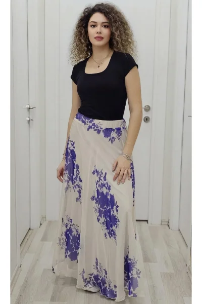 Bel Lastikli Kloş Şifon Etek 6003-Bej/Mor