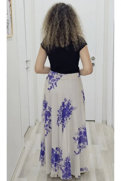 Bel Lastikli Kloş Şifon Etek 6003-Bej/Mor