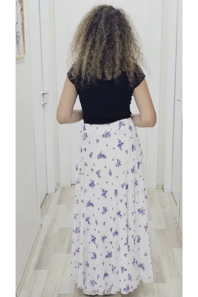 Bel Lastikli Kloş Şifon Etek 6003-Beyaz/Lila