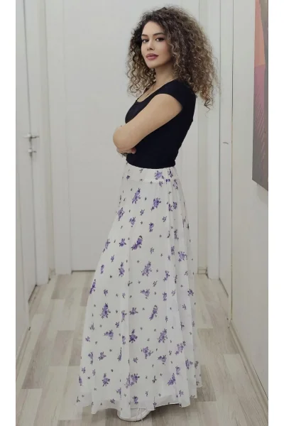 Bel Lastikli Kloş Şifon Etek 6003-Beyaz/Lila