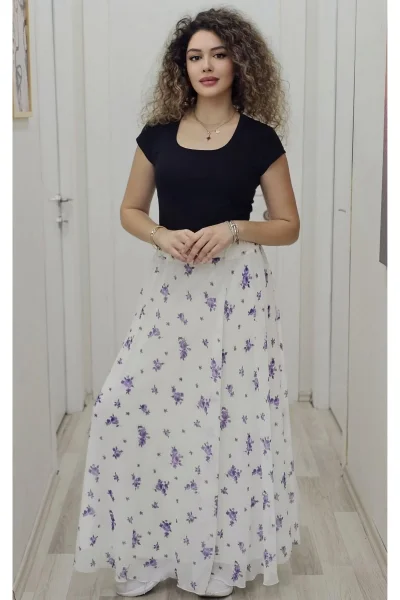 Bel Lastikli Kloş Şifon Etek 6003-Beyaz/Lila