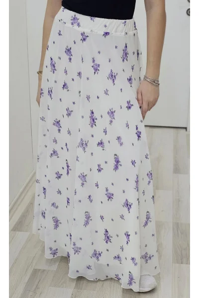 Bel Lastikli Kloş Şifon Etek 6003-Beyaz/Lila