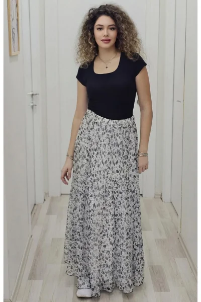 Bel Lastikli Kloş Şifon Etek 6003-Beyaz/Siyah