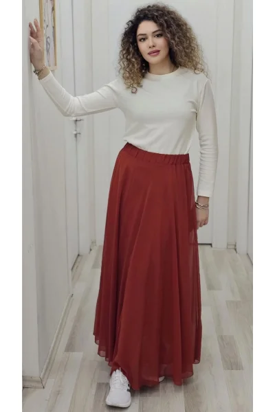 Bel Lastikli Kloş Şifon Etek 6003-Kiremit