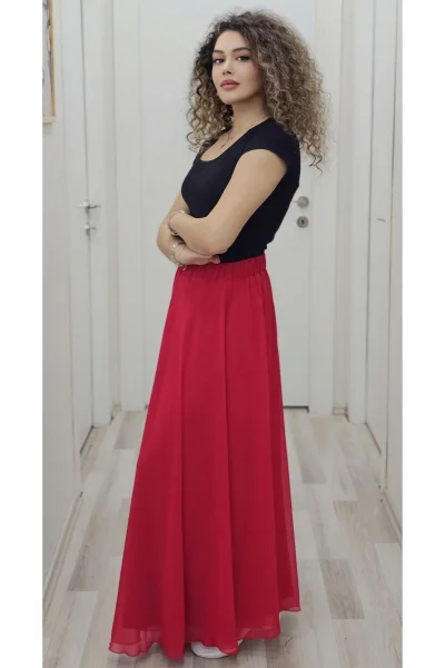 Bel Lastikli Kloş Şifon Etek 6003-Kırmızı