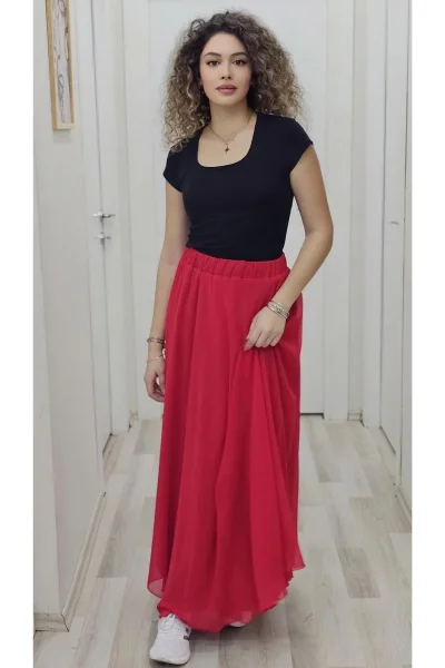 Bel Lastikli Kloş Şifon Etek 6003-Kırmızı