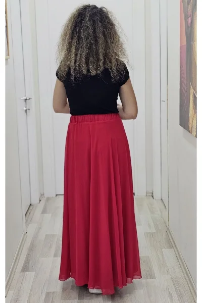 Bel Lastikli Kloş Şifon Etek 6003-Kırmızı