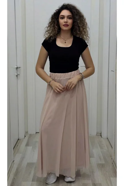 Bel Lastikli Kloş Şifon Etek 6003-Pudra