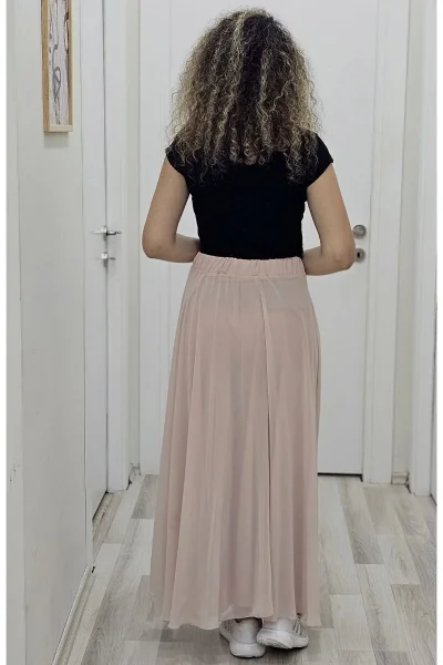 Bel Lastikli Kloş Şifon Etek 6003-Pudra