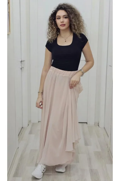 Bel Lastikli Kloş Şifon Etek 6003-Pudra