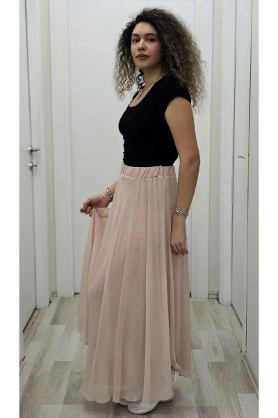 Bel Lastikli Kloş Şifon Etek 6003-Pudra