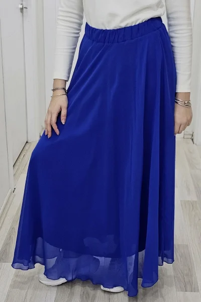 Bel Lastikli Kloş Şifon Etek 6003-Saks