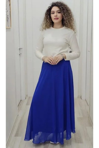 Bel Lastikli Kloş Şifon Etek 6003-Saks