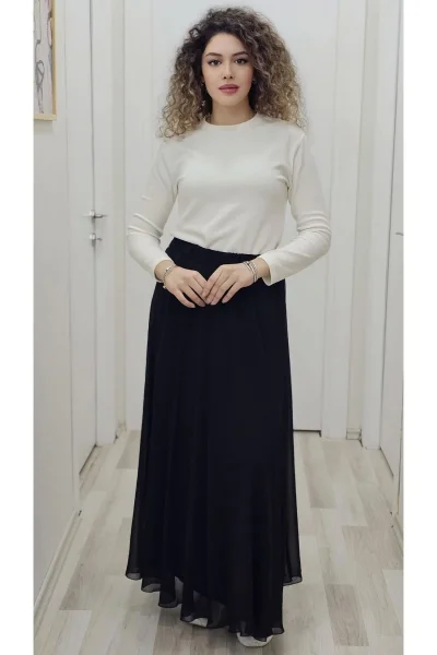 Bel Lastikli Kloş Şifon Etek 6003-Siyah