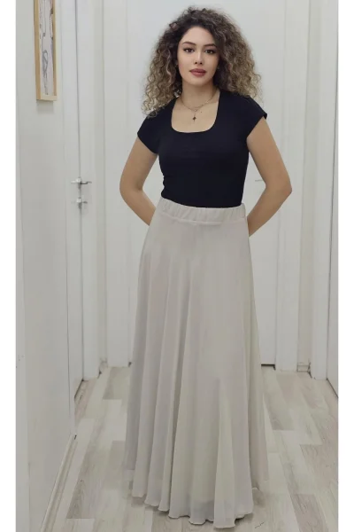 Bel Lastikli Kloş Şifon Etek 6003-Taş