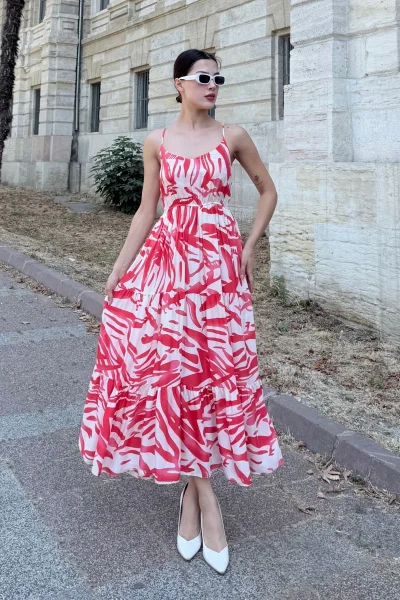 Beli Lastikli Askılı Viskon Elbise 6035-Fuşya