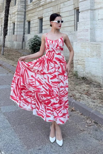 Beli Lastikli Askılı Viskon Elbise 6035-Fuşya