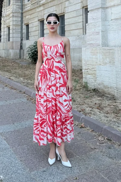 Beli Lastikli Askılı Viskon Elbise 6035-Fuşya