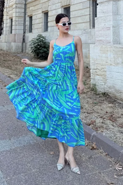 Beli Lastikli Askılı Viskon Elbise 6035-İndigo