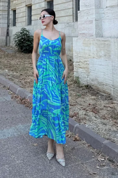 Beli Lastikli Askılı Viskon Elbise 6035-İndigo