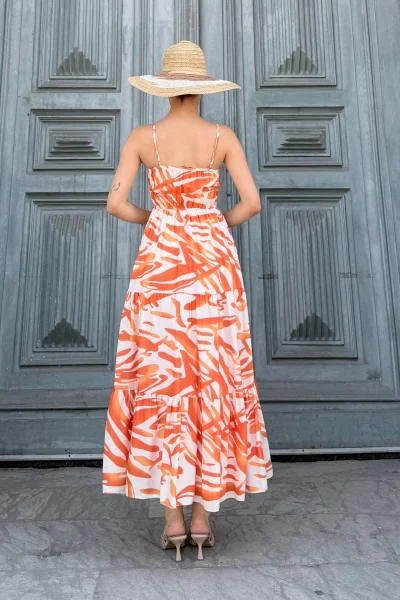 Beli Lastikli Askılı Viskon Elbise 6035-Oranj