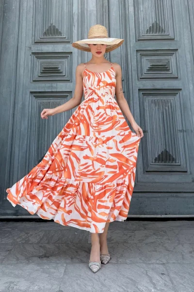 Beli Lastikli Askılı Viskon Elbise 6035-Oranj