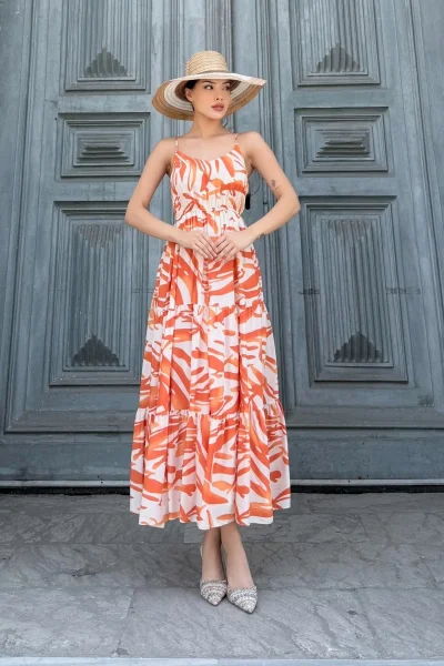 Beli Lastikli Askılı Viskon Elbise 6035-Oranj