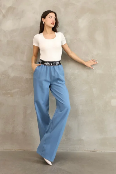 Beli Lastikli Palazzo Pantolon 6138-Mavi