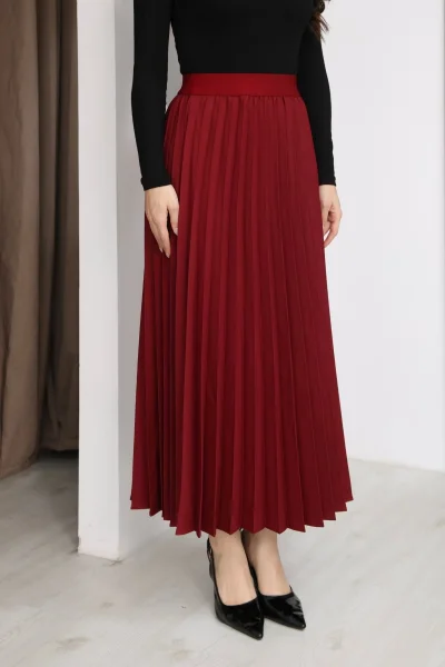 Beli Lastikli Piliseli Etek 6017-Bordo