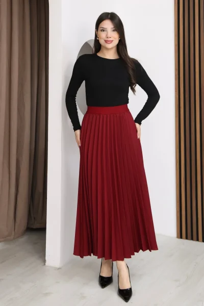 Beli Lastikli Piliseli Etek 6017-Bordo