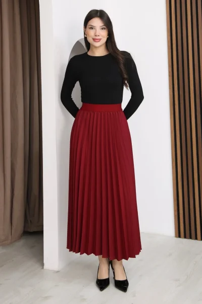 Beli Lastikli Piliseli Etek 6017-Bordo