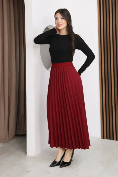 Beli Lastikli Piliseli Etek 6017-Bordo