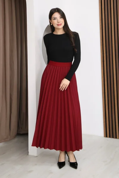 Beli Lastikli Piliseli Etek 6017-Bordo