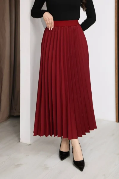 Beli Lastikli Piliseli Etek 6017-Bordo