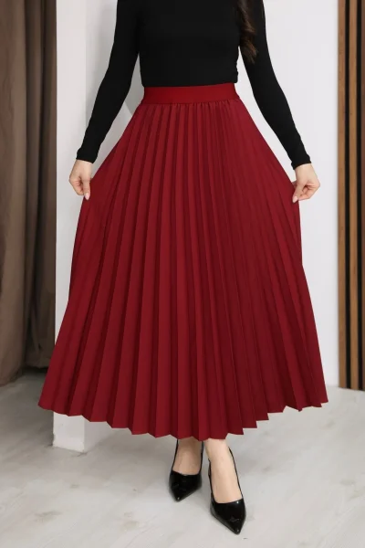 Beli Lastikli Piliseli Etek 6017-Bordo